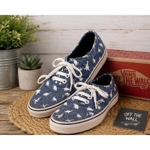 Vans Authentic Blue Dinosaur Print Canvas Sneakers Lace Up Unisex Shoes Size 7.5